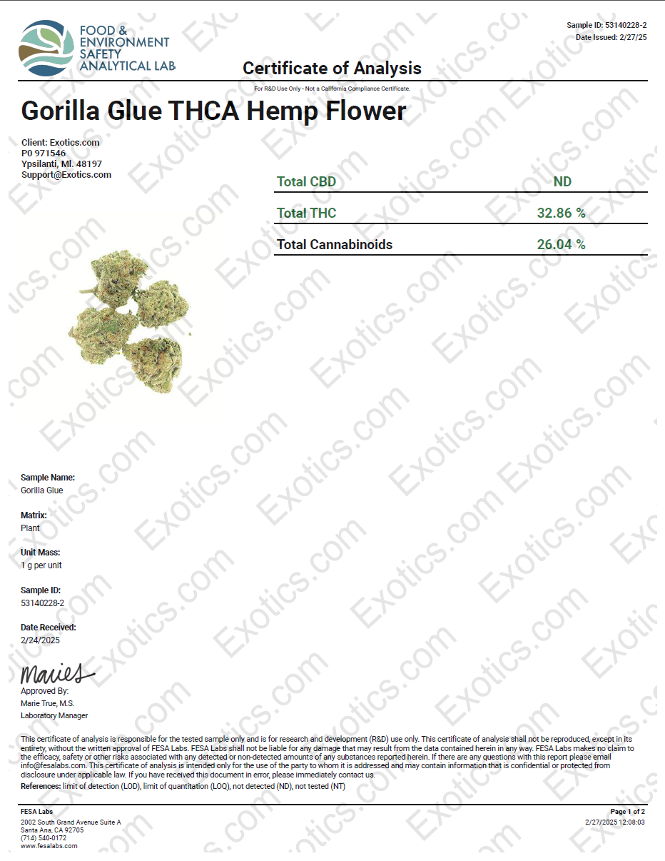 Exotics Gorilla Glue cannabis hybrid strain COA