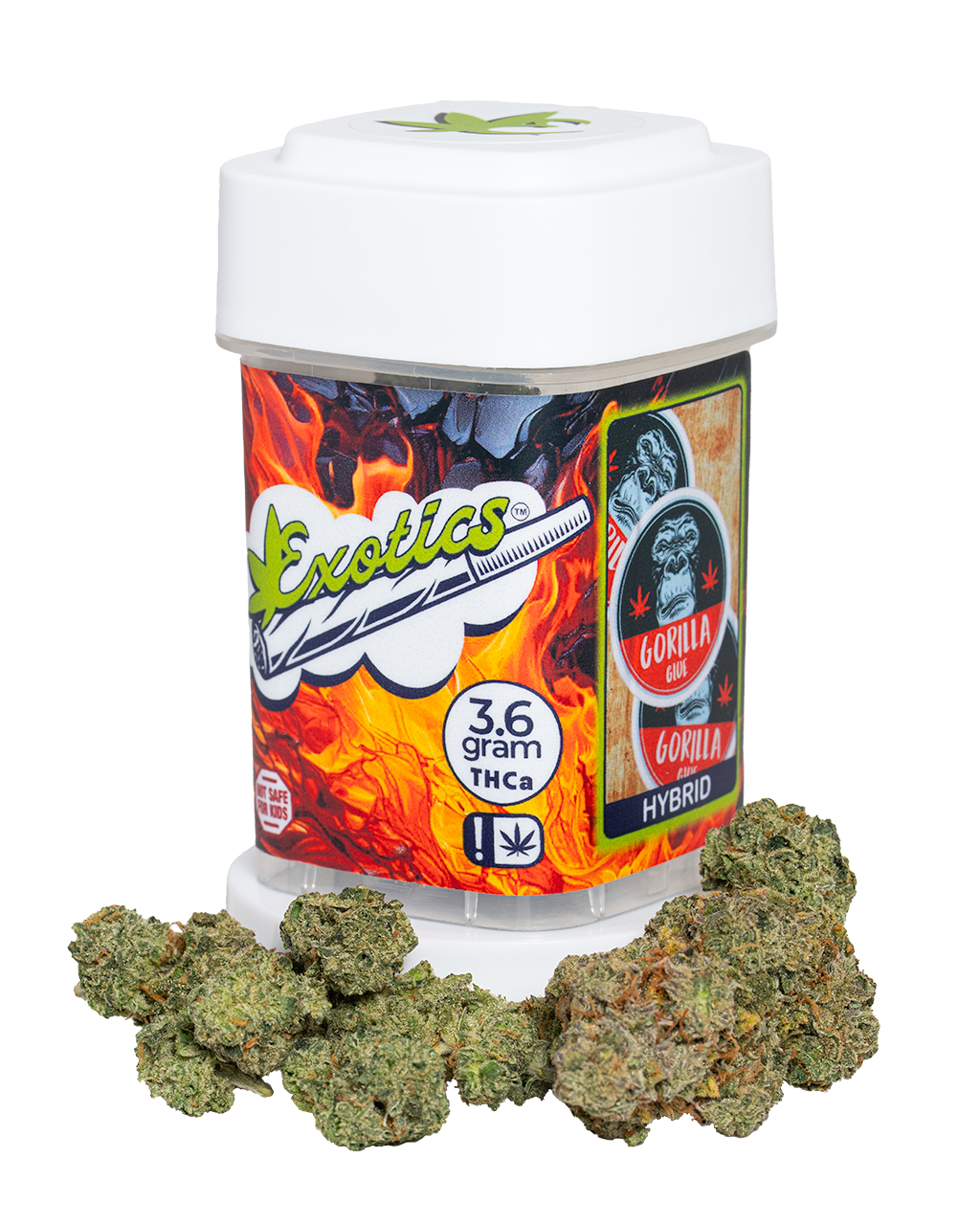 Exotics Gorilla Glue cannabis hybrid strain container and flower buds