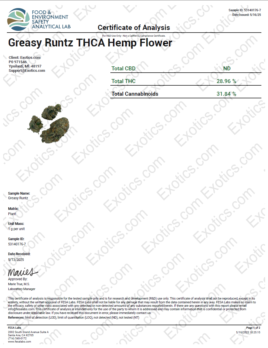 Exotics Greasy Runtz cannabis hybrid strain COA