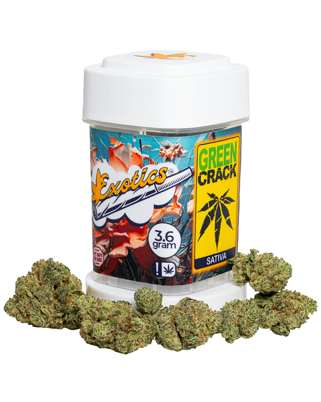 Exotics Green Crack sativa cannabis strain container and buds