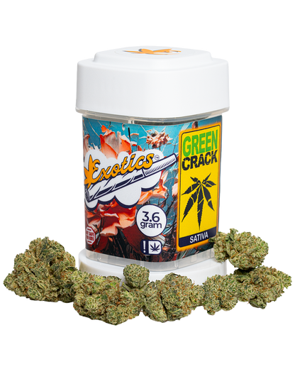 Exotics Green Crack sativa cannabis strain container and buds