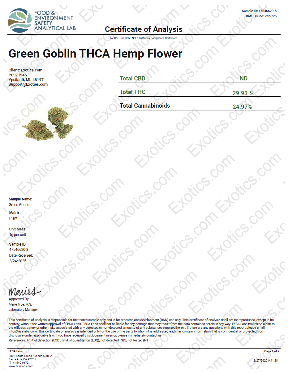 Exotics Green Goblin cannabis sativa hybrid strain COA