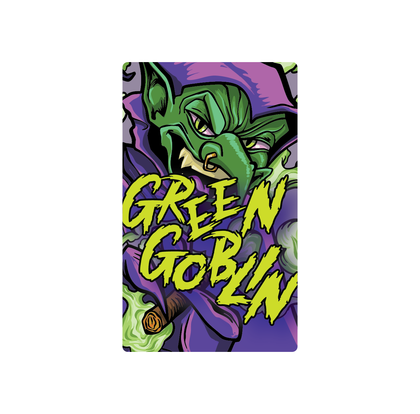 Exotics Green Goblin cannabis sativa hybrid strain label artwork
