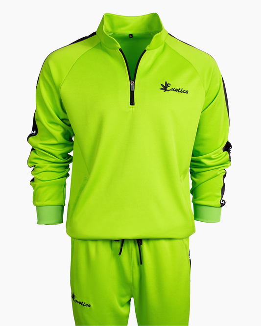 Green Exotics tracksuit with black logo and details on white background