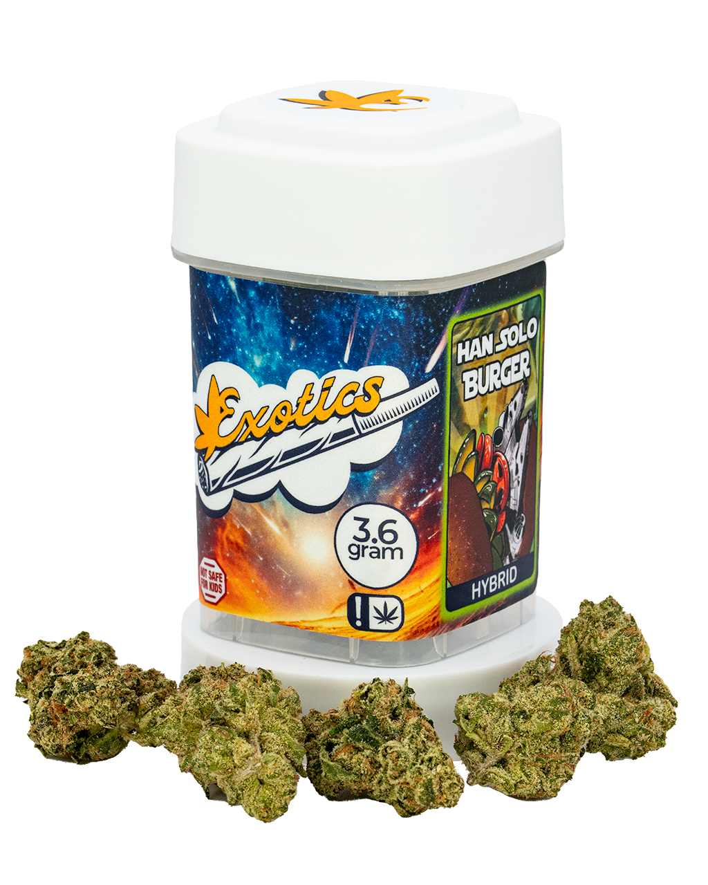 Exotics Han Solo Burger indica cannabis strain container and flower buds