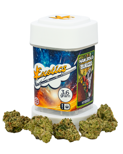 Exotics Han Solo Burger indica cannabis strain container and flower buds