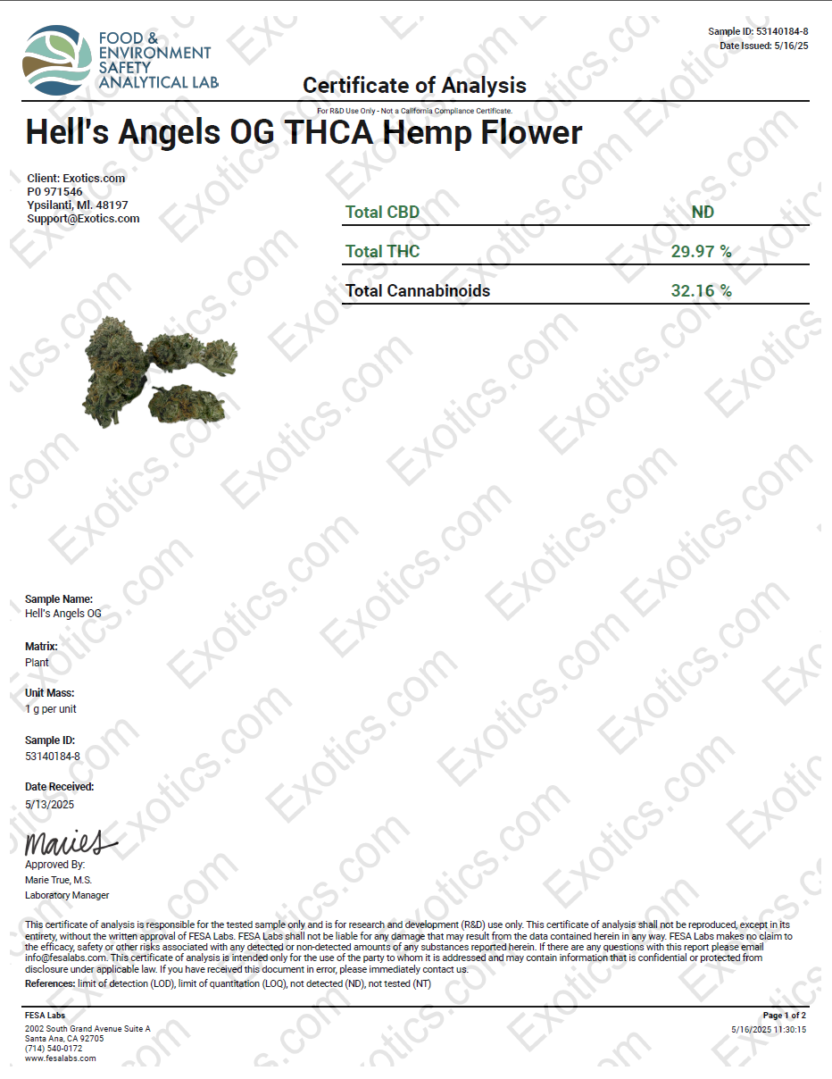 Exotics Hells Angels OG cannabis indica hybrid strain COA