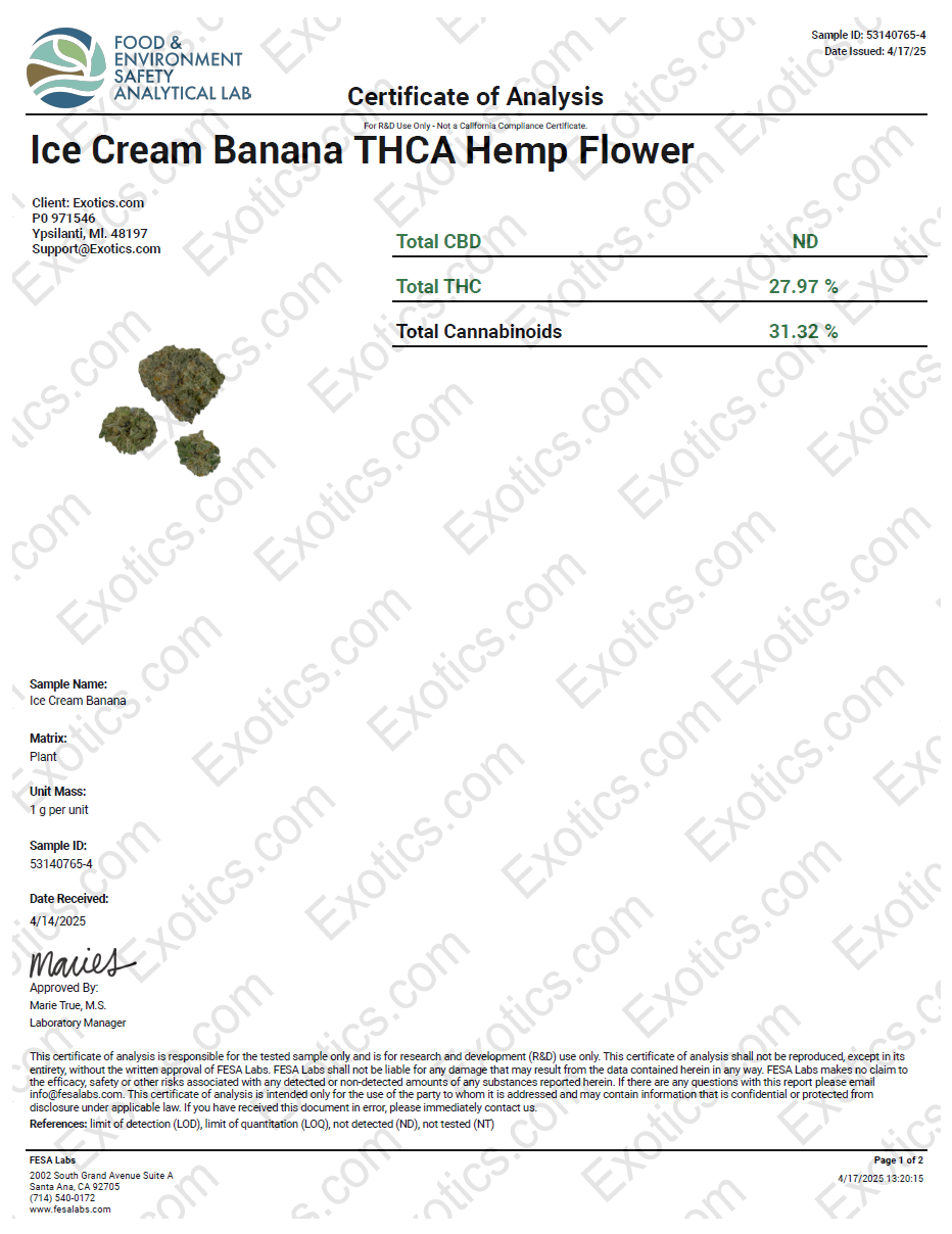Exotics Ice Cream Banana cannabis hybrid strain COA