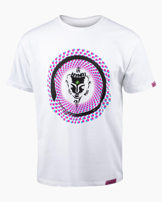 White Exotics Induce tee t-shirt with purple and blue buddha design