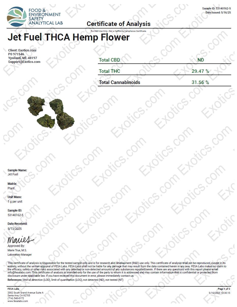 Exotics Jet Fuel cannabis sativa hybrid strain COA