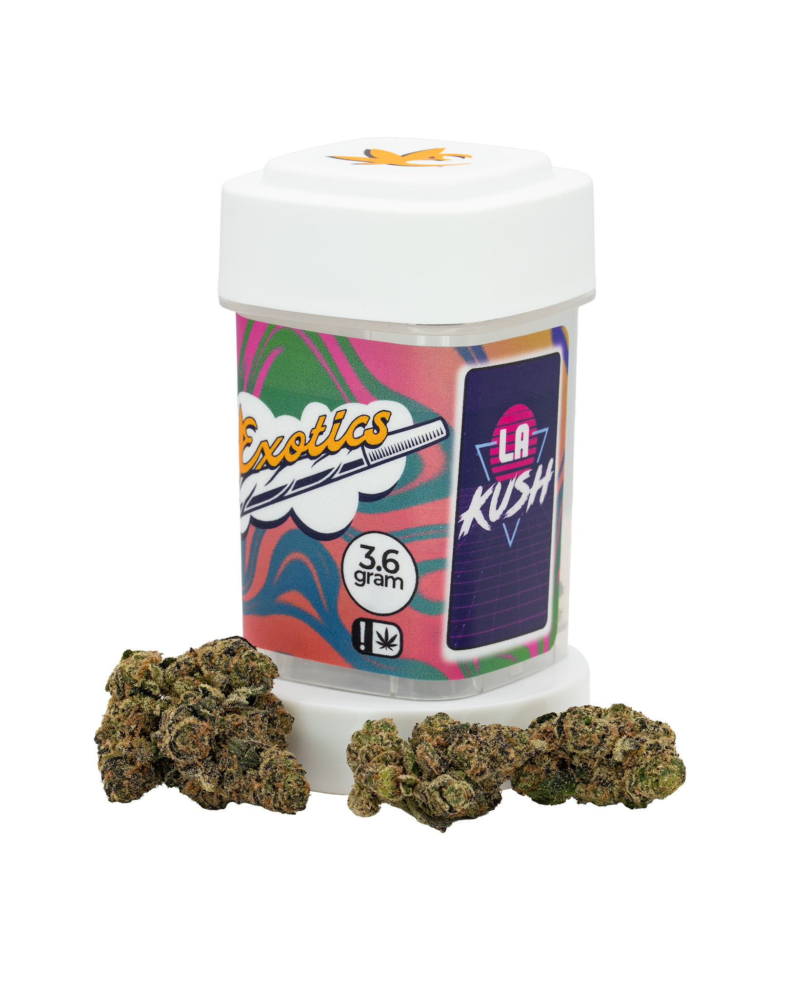 Exotics LA Kush hybrid cannabis strain container and flower buds