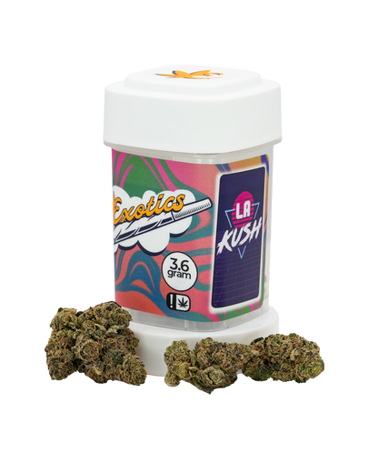 Exotics LA Kush hybrid cannabis strain container and flower buds