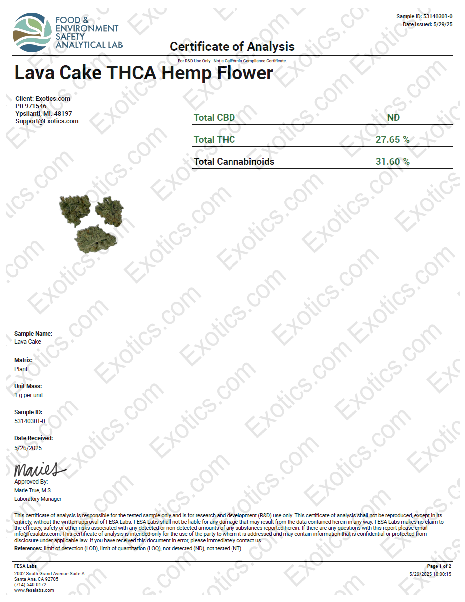 Exotics Lava Cake cannabis indica hybrid strain COA