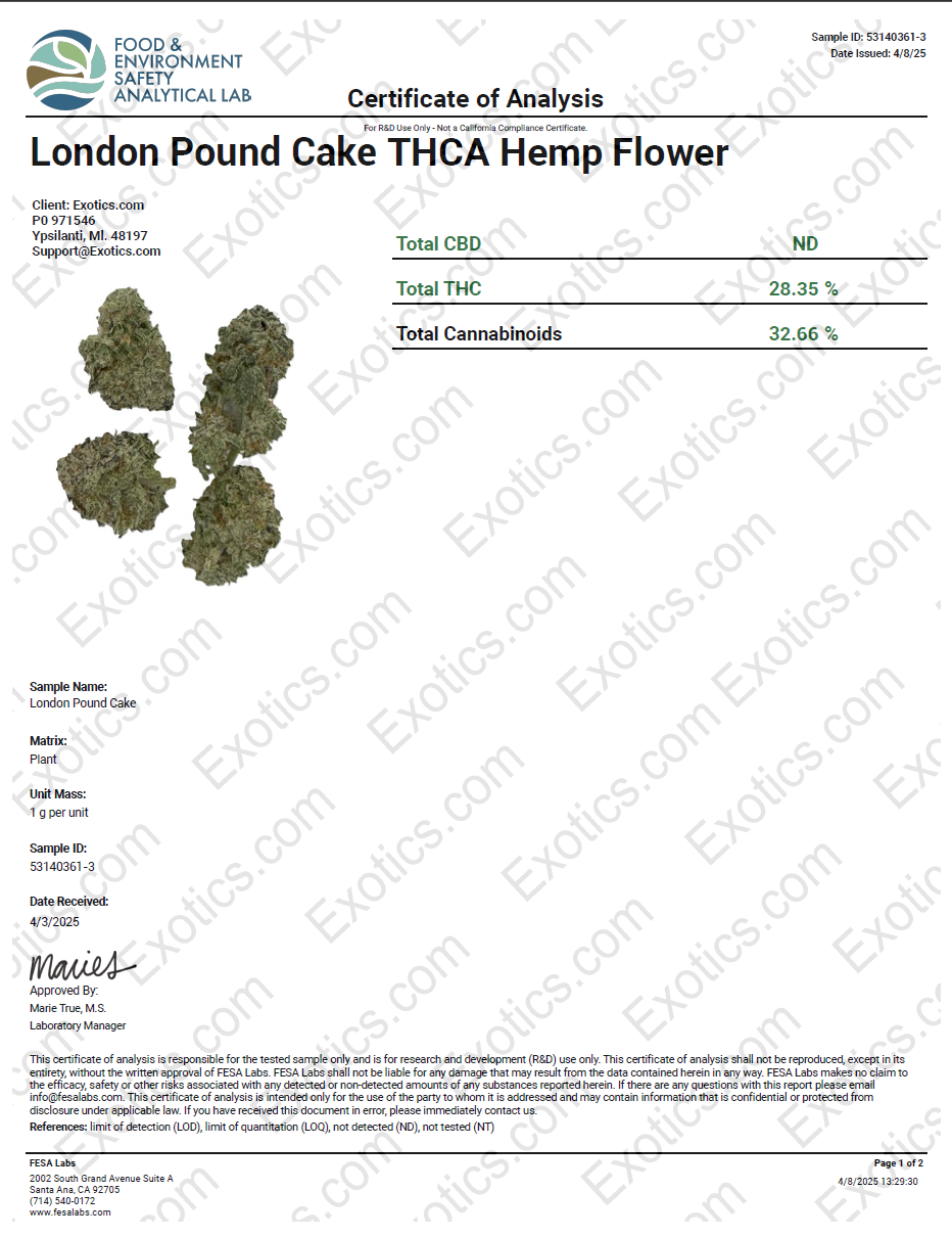 Exotics London Pound Cake cannabis hybrid strain COA