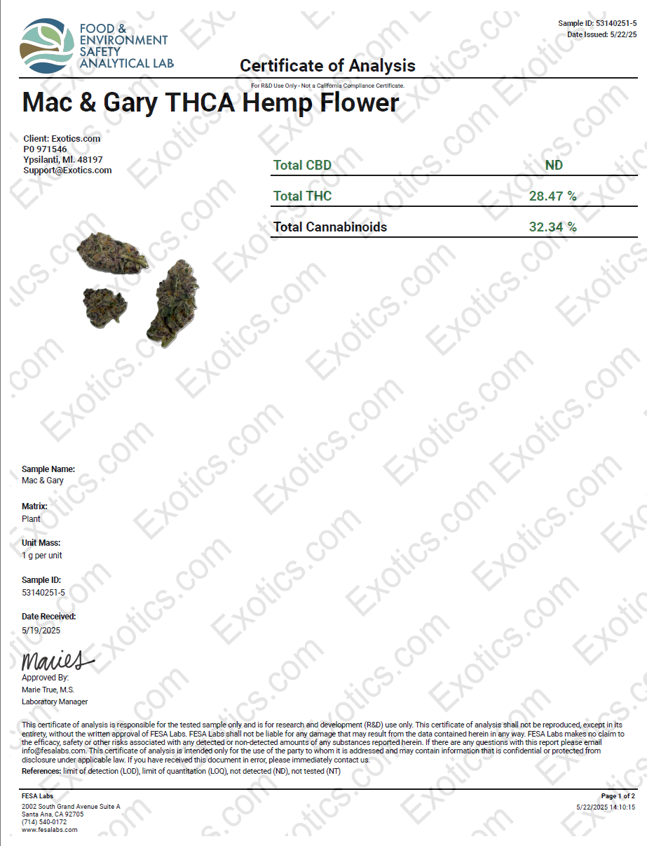 Exotics Mac & Gary cannabis indica hybrid strain COA