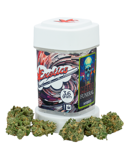 Exotics Mafia Funeral hybrid cannabis strain container and flower buds