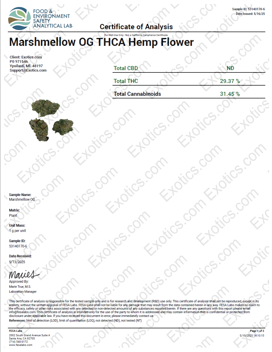 Exotics Marshmellow OG cannabis indica hybrid strain COA
