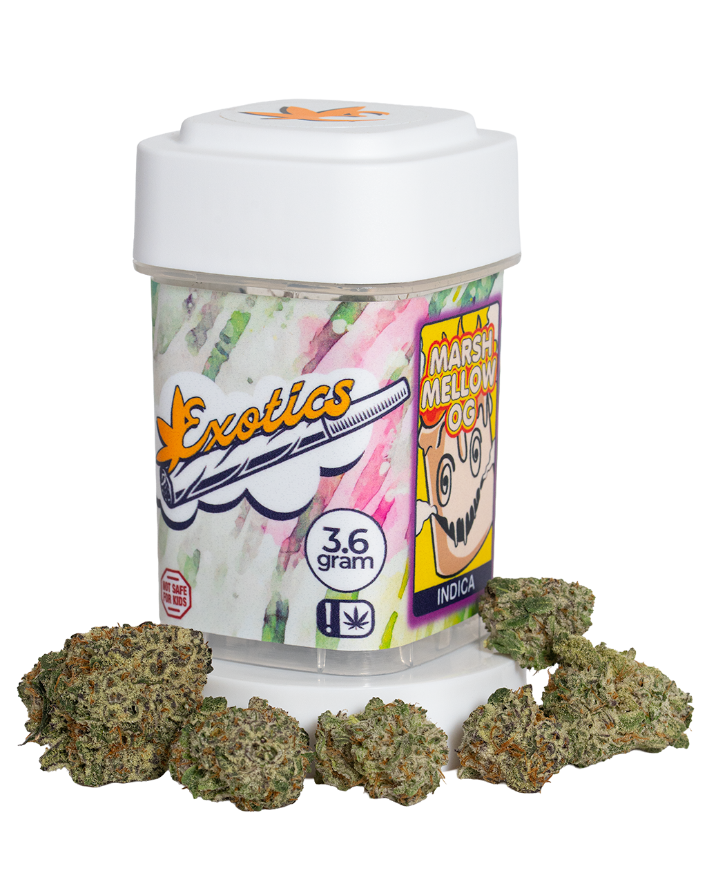 Exotics Marshmellow OG indica cannabis strain container and flower buds