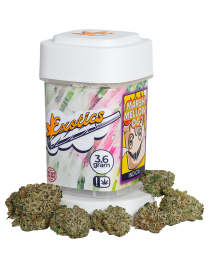 Exotics Marshmellow OG indica cannabis strain container and flower buds