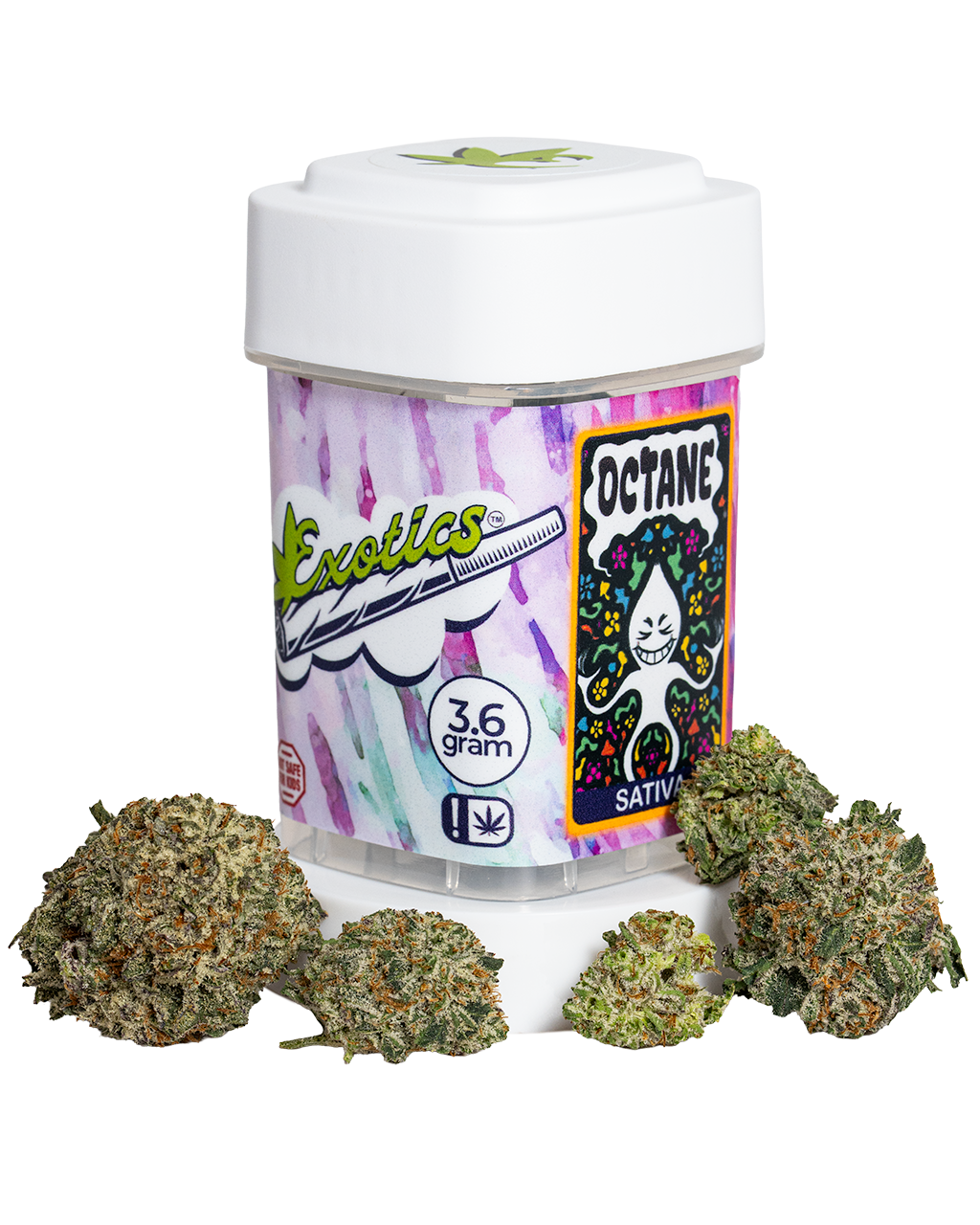 Exotics Octane sativa cannabis strain container and buds