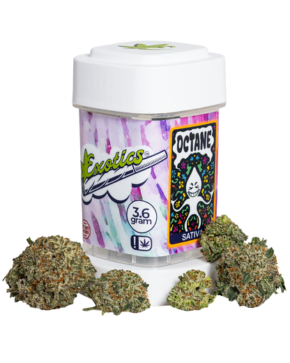 Exotics Octane sativa cannabis strain container and buds