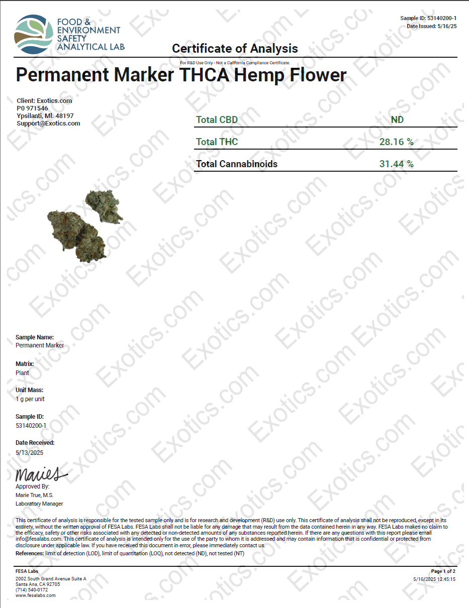 Exotics Permanent Marker cannabis indica hybrid strain COA