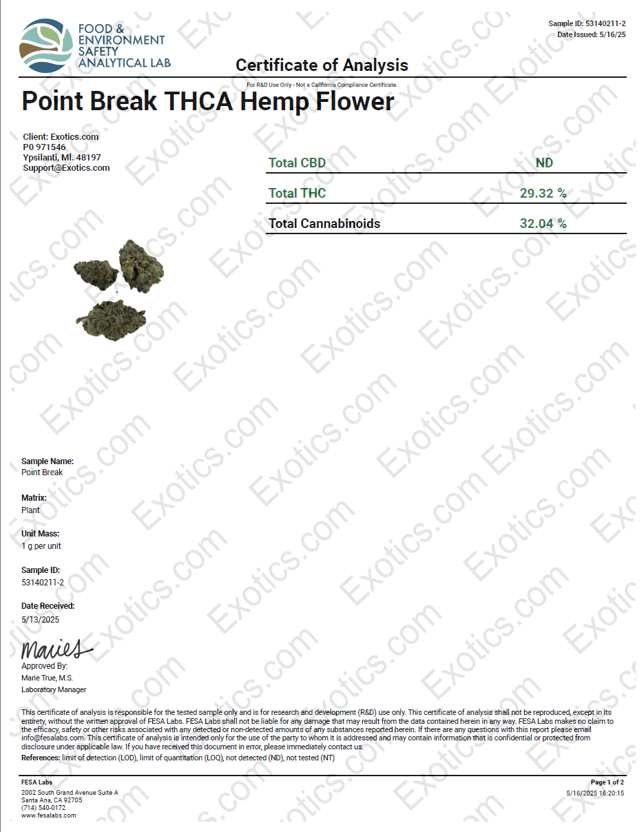 Exotics Point Break cannabis strain COA