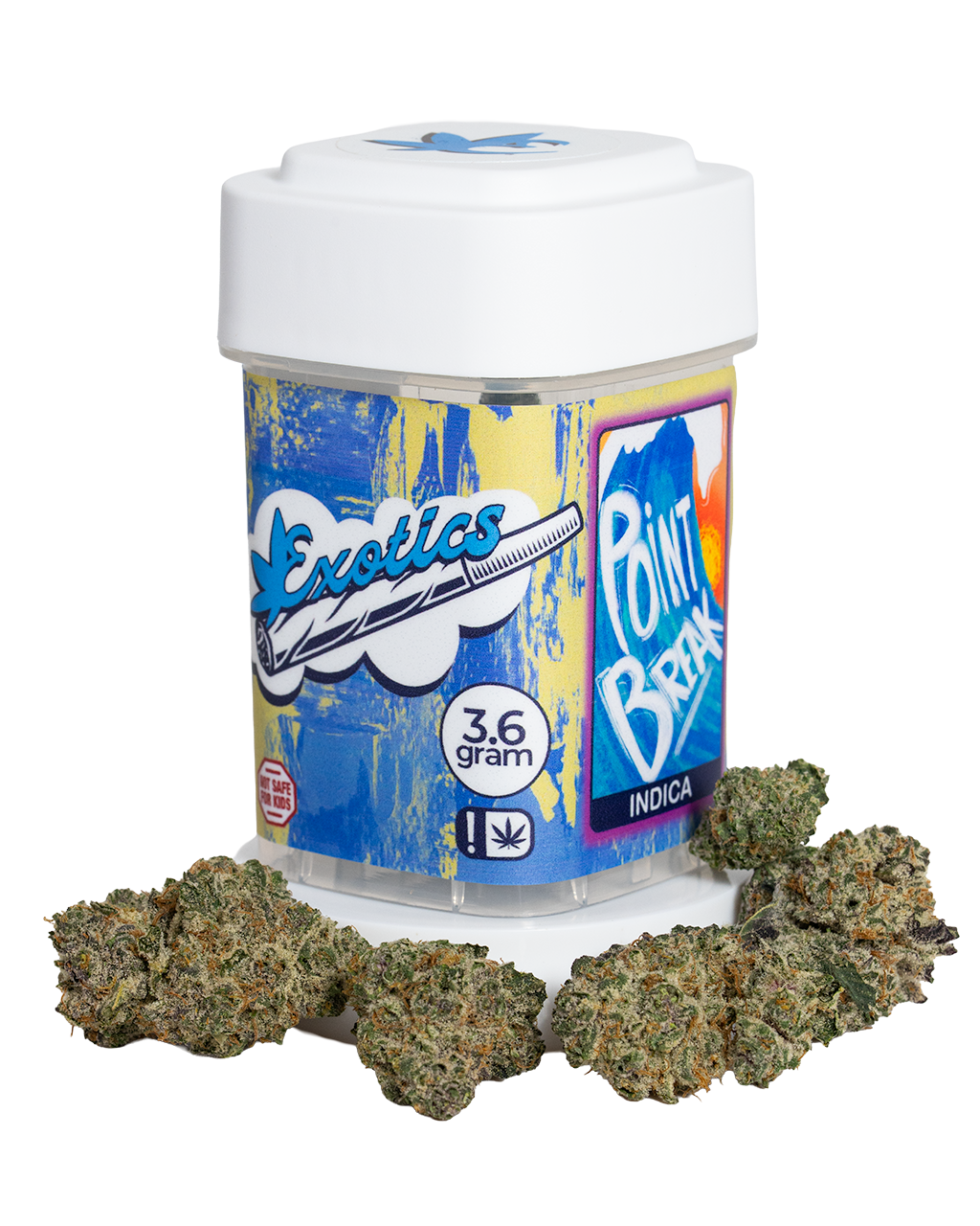 Exotics Point Break indica cannabis strain container and flower buds
