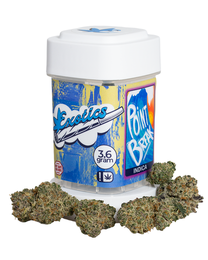 Exotics Point Break indica cannabis strain container and flower buds