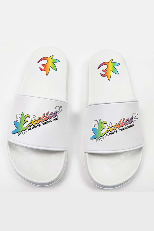 White Exotics slides with rainbow logo