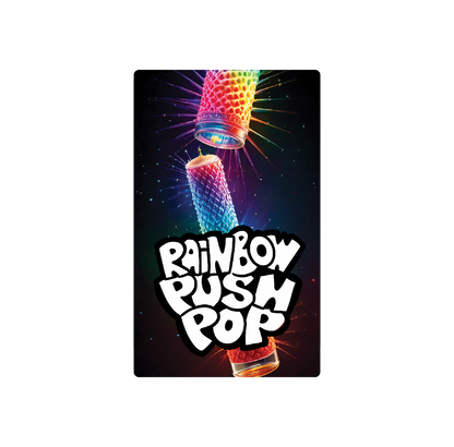 Exotics Rainbow Push Pop cannabis indica hybrid strain label artwork