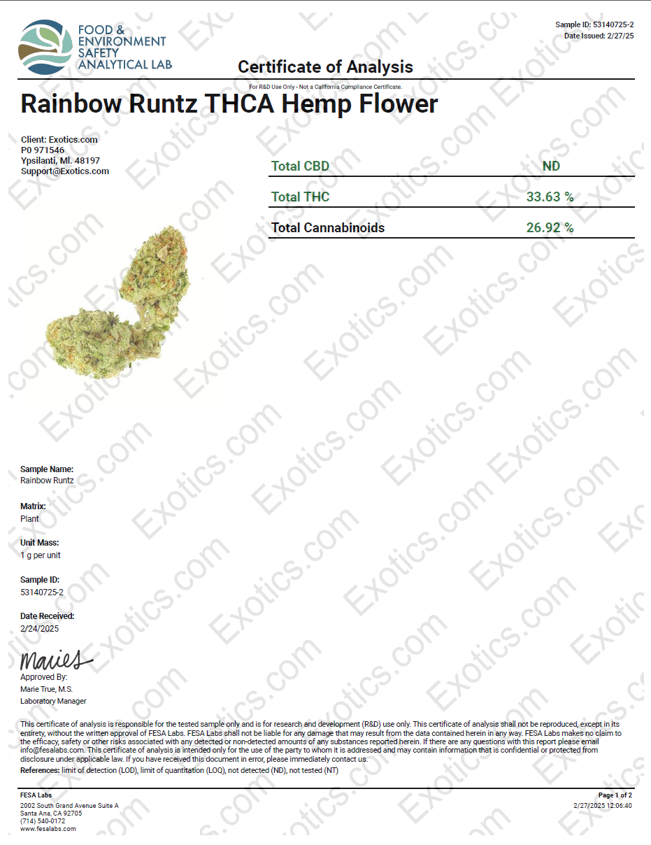 Exotics Rainbow Runtz cannabis hybrid strain COA