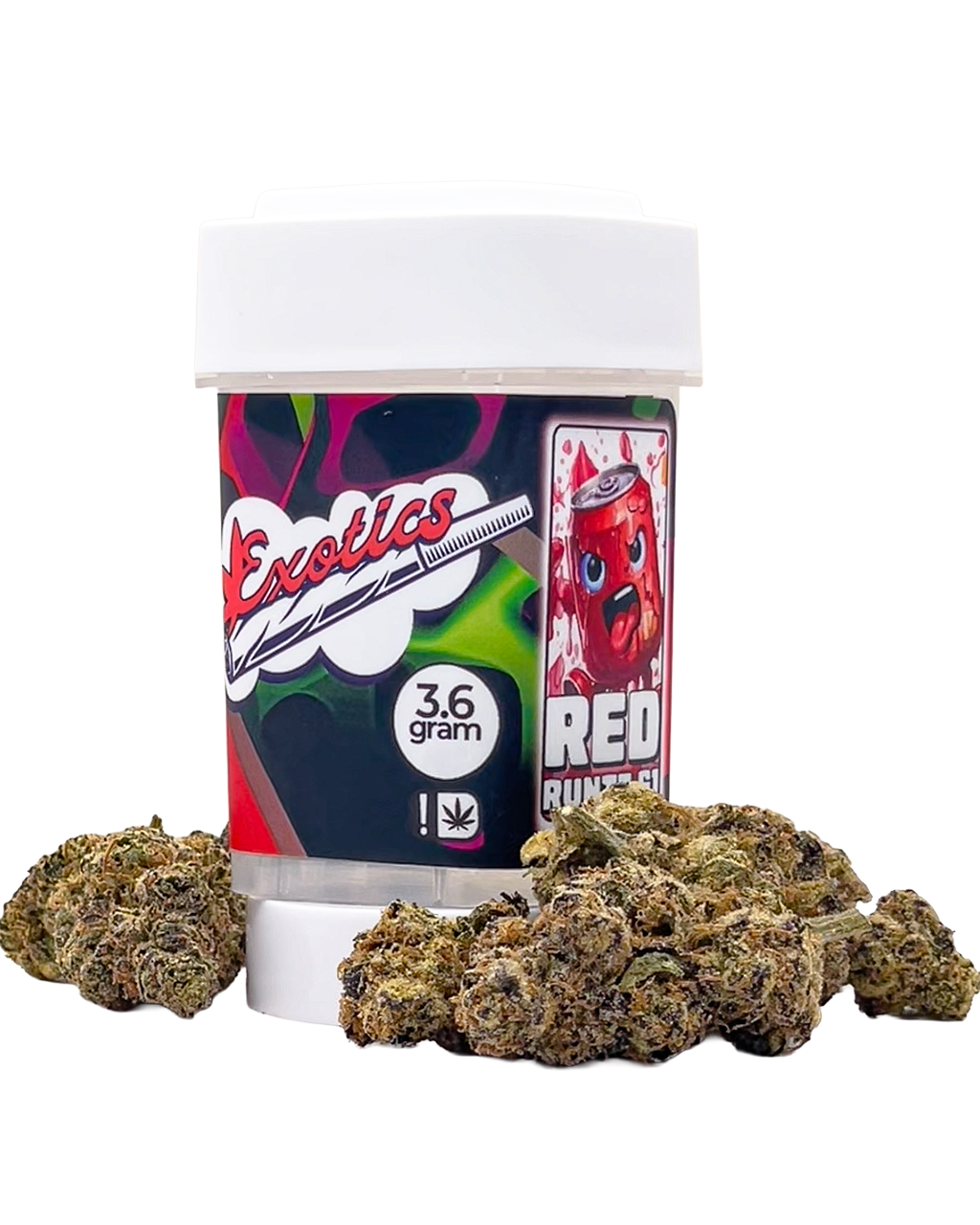 Exotics Red Runtz hybrid cannabis strain container and buds
