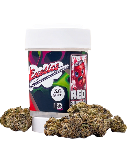 Exotics Red Runtz hybrid cannabis strain container and buds