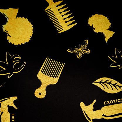 Detail of black and gold Exotics salon cape