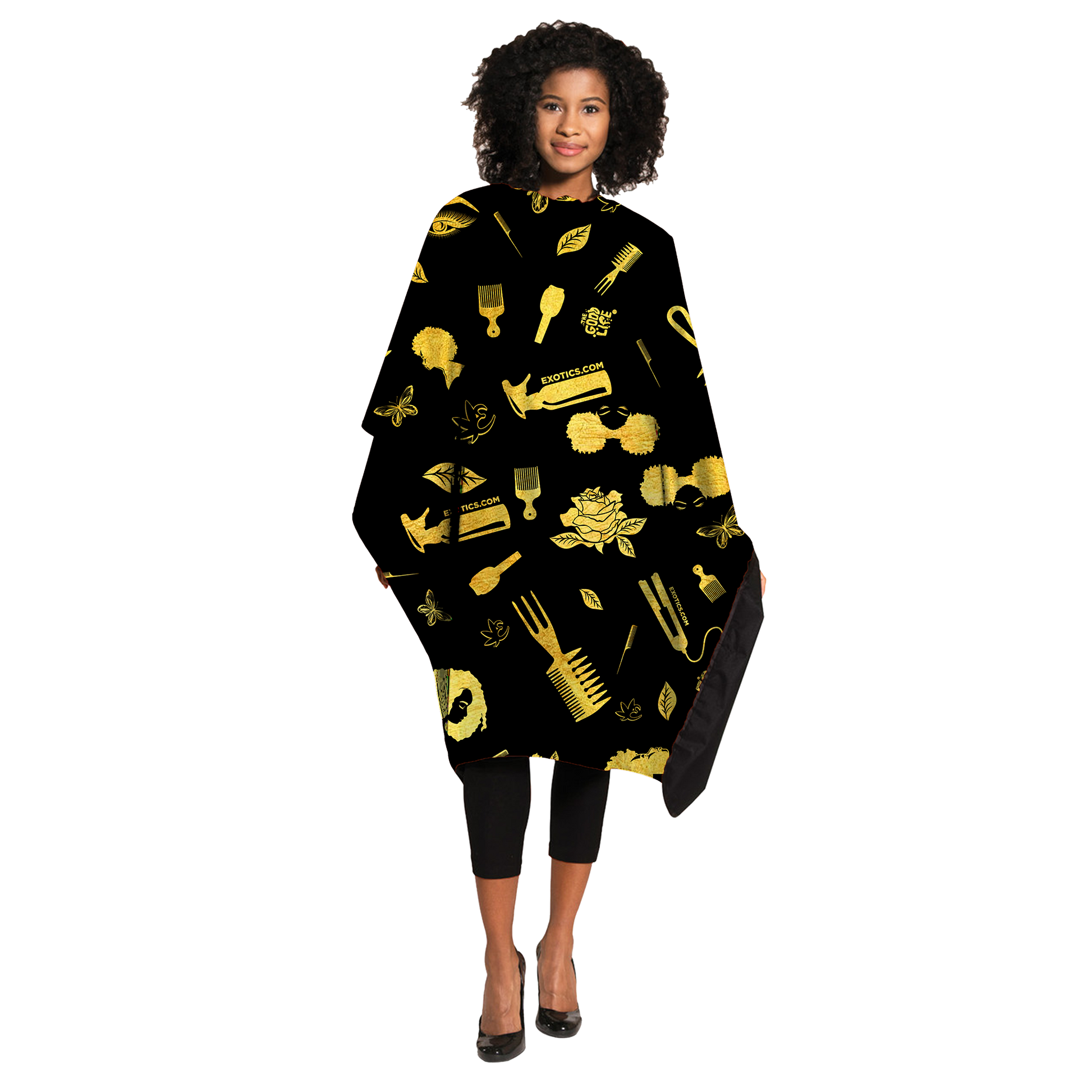 Black and gold Exotics salon cape