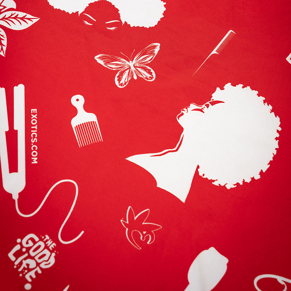 Detail of red and white Exotics salon cape