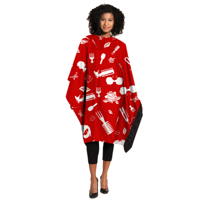 Red and white Exotics salon cape