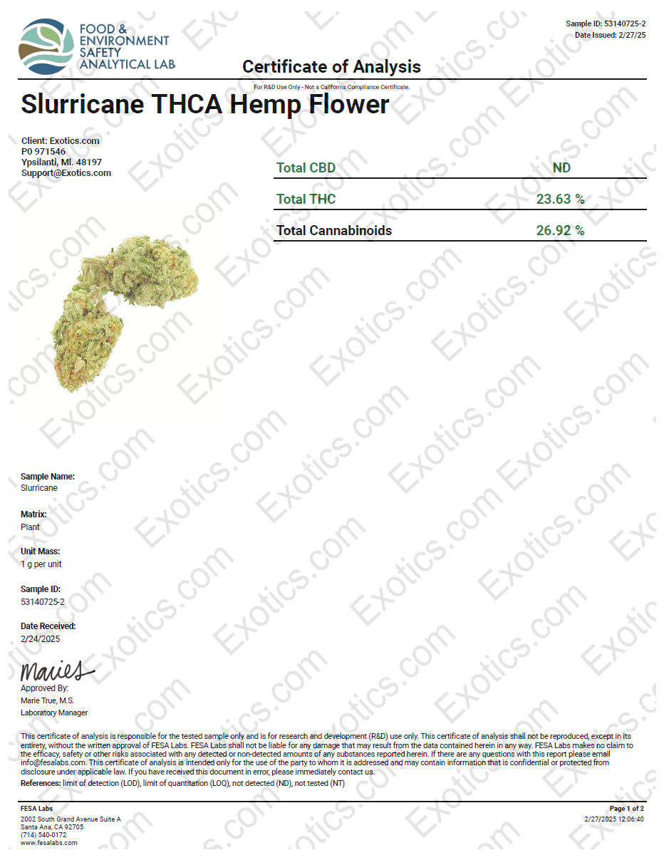 Exotics Slurricane cannabis hybrid strain COA