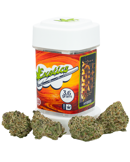 Exotics Sticky Glue hybrid cannabis strain container and flower buds
