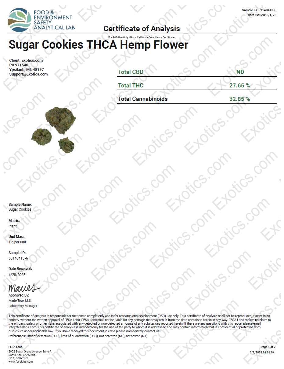 Exotics Sugar Cookies hybrid cannabis strain COA