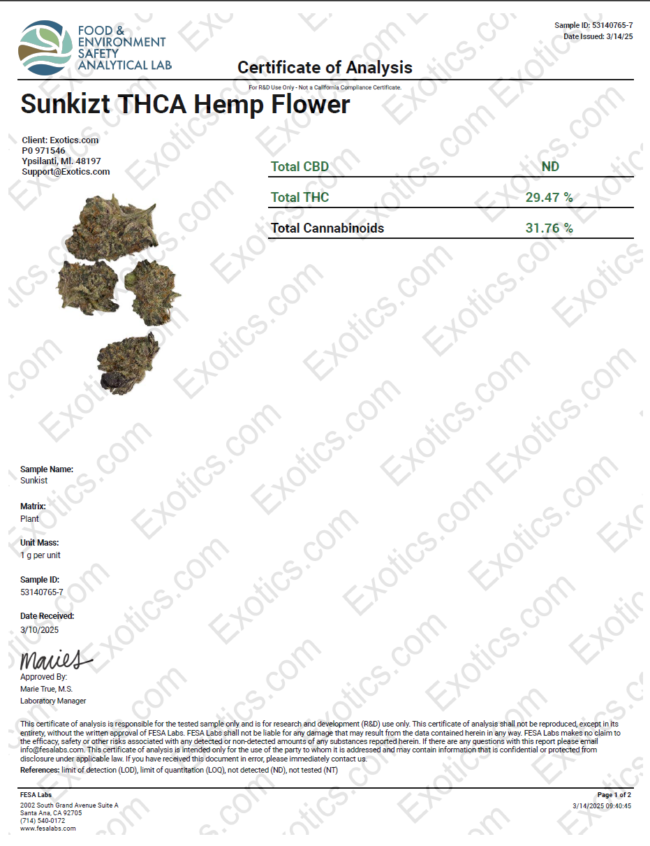 Exotics Sunkizt cannabis hybrid strain COA