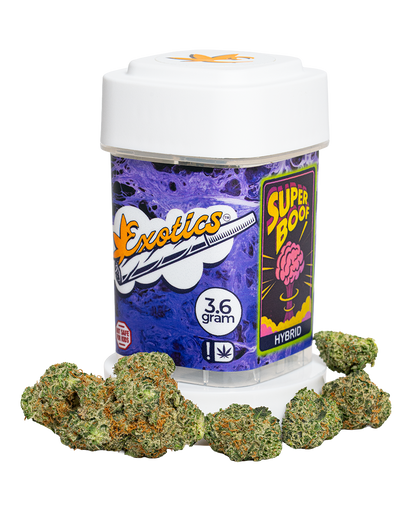 Exotics Super Boof hybrid cannabis strain container and buds