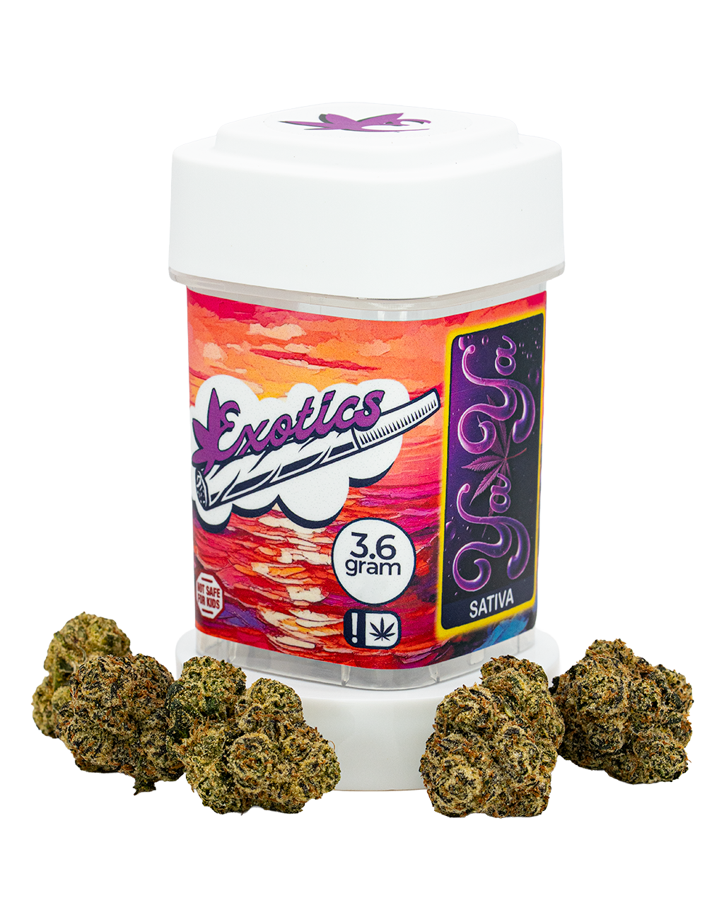 Exotics Yaya sativa cannabis strain container and flower buds