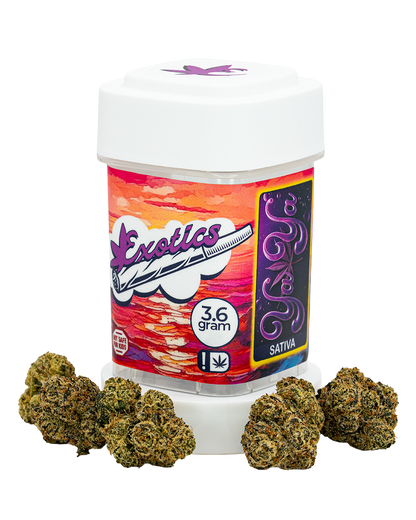 Exotics Yaya sativa cannabis strain container and flower buds