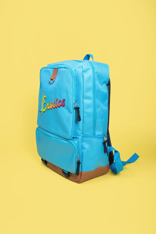 Light blue Exotics backpack with rainbow logo on yellow background